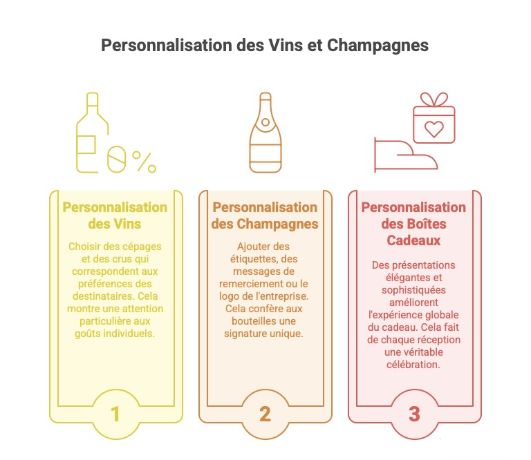 Cette image met en avant trois axes de personnalisation pour offrir des vins et champagnes dans un cadre CSE ou syndical. D’abord, la personnalisation des vins permet de choisir les cépages en fonction des goûts individuels des bénéficiaires. Ensuite, la personnalisation des champagnes passe par l’ajout d’étiquettes, de messages ou du logo de l’entreprise pour créer une signature unique. Enfin, la personnalisation des boîtes cadeaux vise à sublimer l’expérience grâce à des présentations soignées, rendant chaque réception plus mémorable et festive.