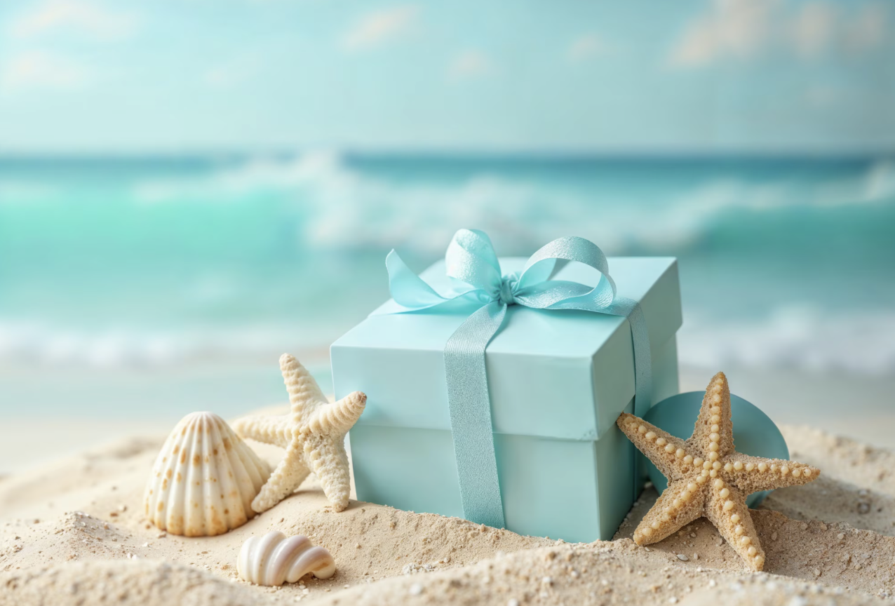 Cette image montre un coffret cadeau bleu pastel joliment emballé avec un ruban assorti, posé sur du sable au bord de la mer. Autour du paquet, on trouve des étoiles de mer et des coquillages, renforçant l’ambiance estivale et balnéaire. L’ensemble évoque une attention offerte en période de vacances d’été, idéale pour un cadeau saisonnier, un pack de bienvenue ou une opération de fidélisation en lien avec la détente et l’évasion.