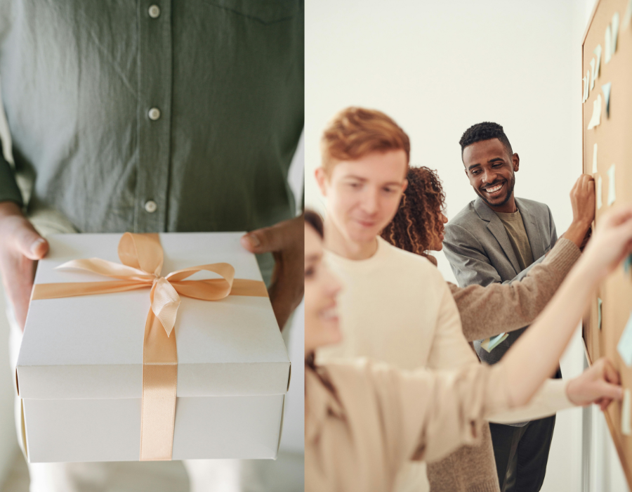 une personne tient une boîte cadeau soigneusement emballée. Un groupe de collaborateurs échange et travaille ensemble autour d’un tableau d’idées dans une ambiance conviviale. Un visuel qui illustre le lien entre reconnaissance et esprit d’équipe.
