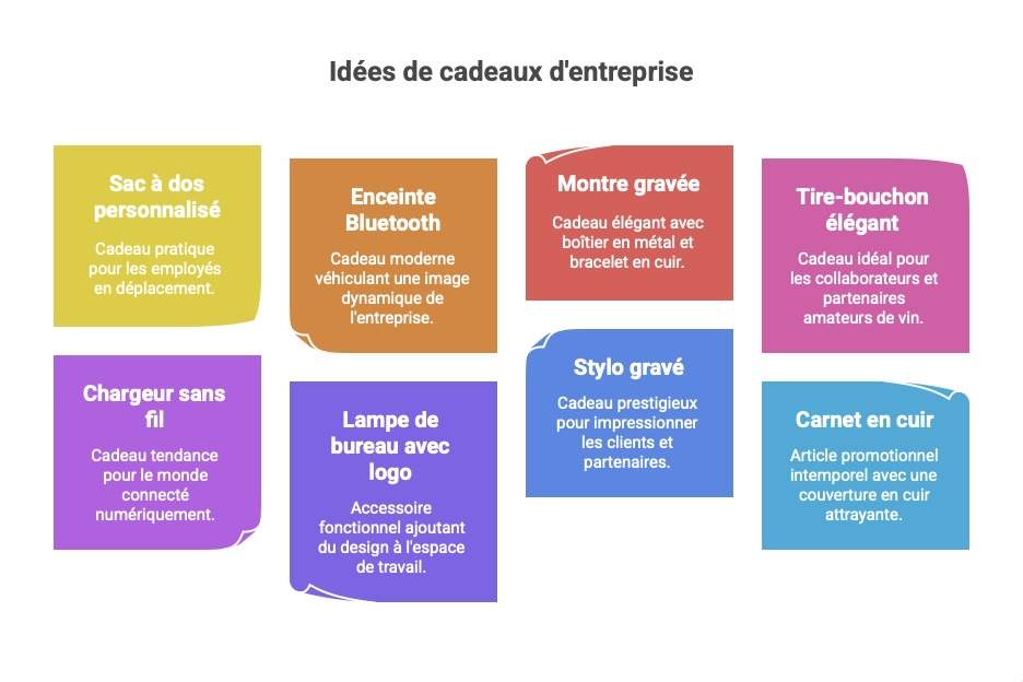 Cette image présente une sélection d’idées de cadeaux d’entreprise variés et adaptés à différents profils. On y retrouve des objets pratiques comme le sac à dos personnalisé, le chargeur sans fil ou la lampe de bureau avec logo, mais aussi des cadeaux plus élégants tels que la montre gravée, le stylo gravé, le carnet en cuir ou le tire-bouchon. L’enceinte Bluetooth symbolise un cadeau moderne et dynamique. L’ensemble vise à offrir des présents à la fois utiles, valorisants et alignés avec l’image de l’entreprise.