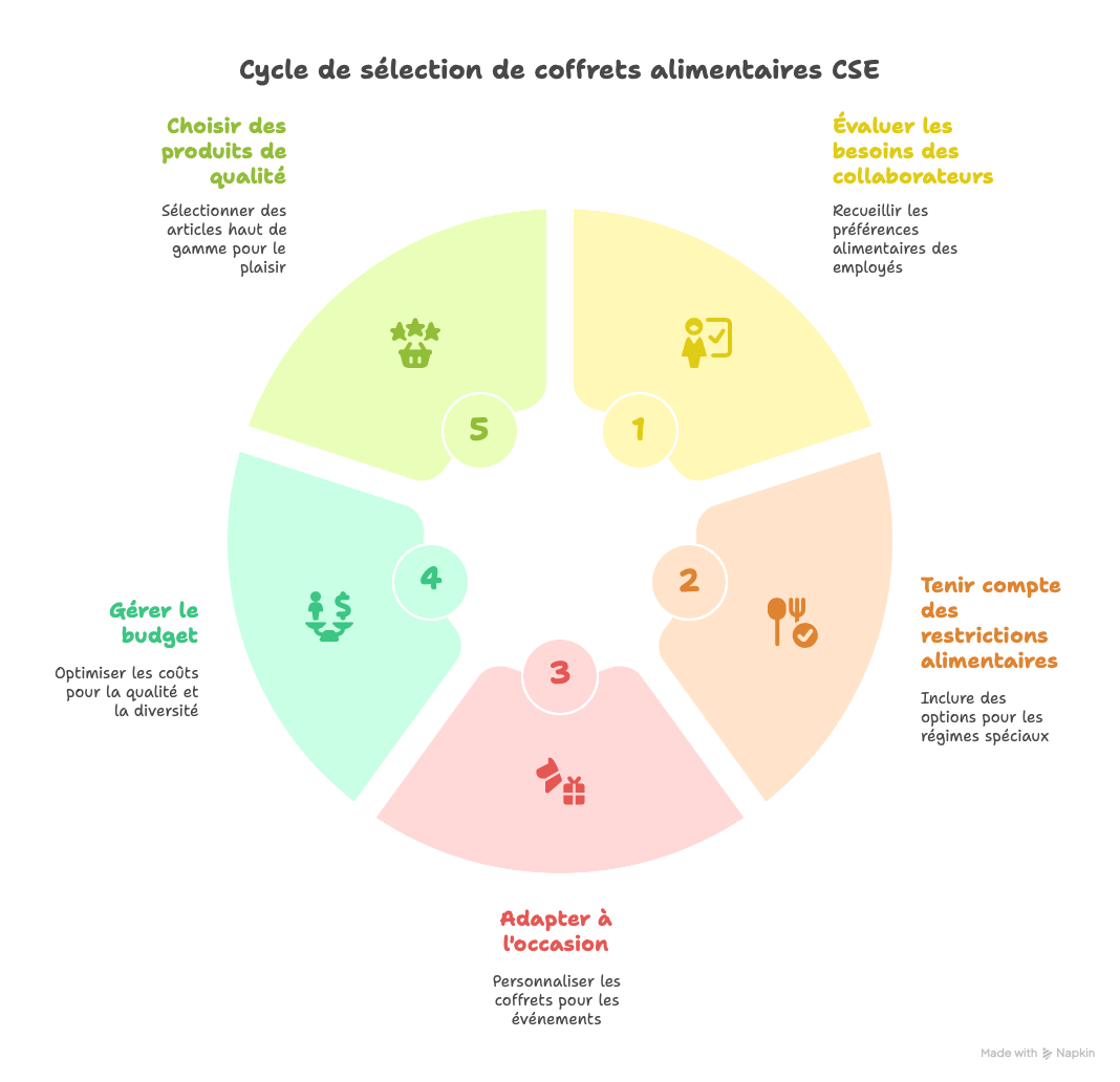 Cette image présente le cycle de sélection des coffrets alimentaires CSE en cinq étapes clés. Il commence par évaluer les besoins des collaborateurs en recueillant leurs préférences alimentaires. Ensuite, il faut tenir compte des restrictions alimentaires, en proposant des options adaptées aux régimes spécifiques. La troisième étape consiste à adapter les coffrets à l’occasion, en les personnalisant selon les événements. Puis, il s’agit de gérer le budget pour garantir un bon rapport qualité-prix. Enfin, il faut choisir des produits de qualité, en sélectionnant des articles haut de gamme pour offrir une expérience gourmande.