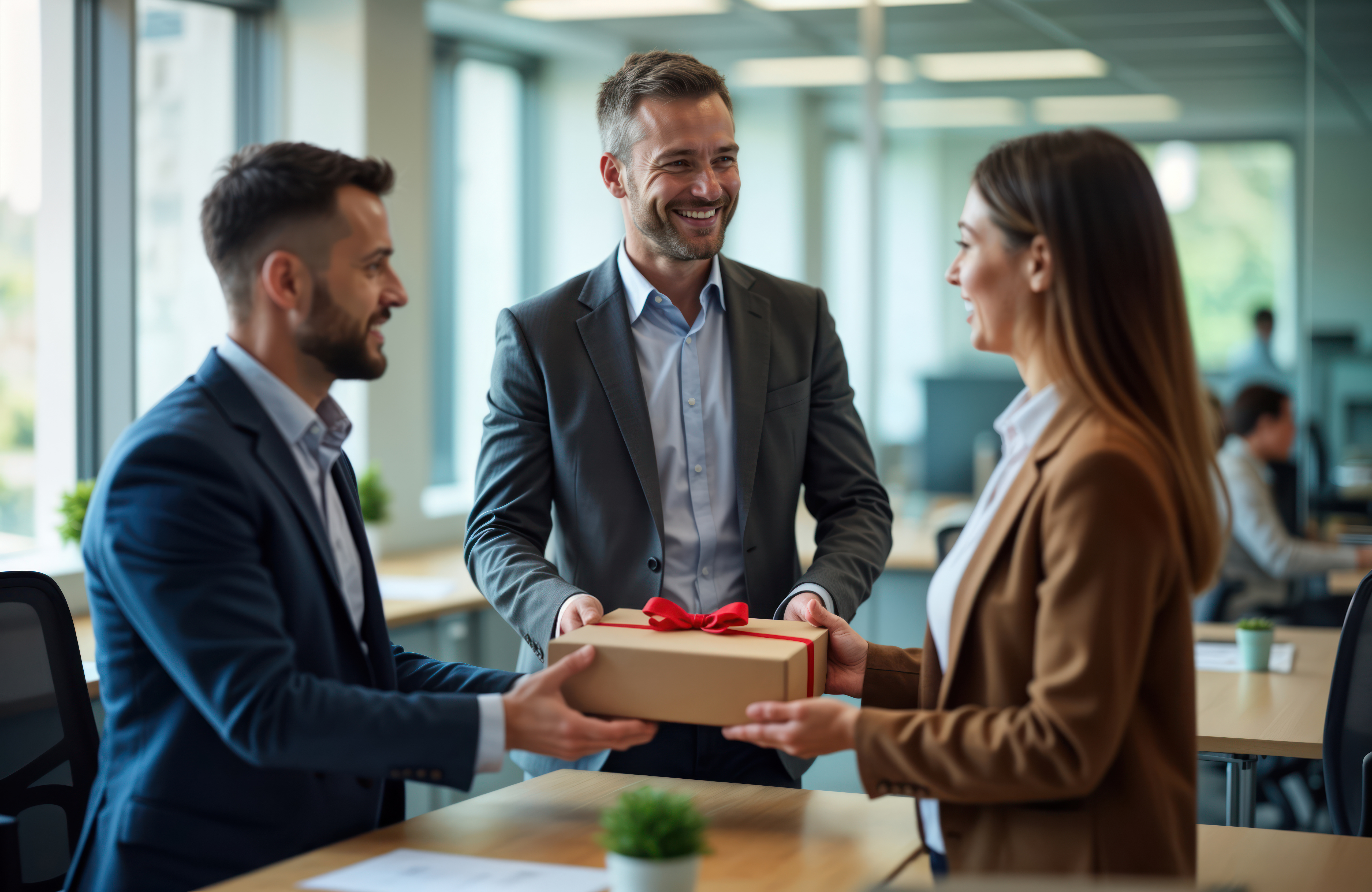 Une scène de reconnaissance au bureau : un coffret cadeau échangé dans une ambiance chaleureuse. Sourires, esprit d’équipe et bien-être au travail sont à l’honneur.