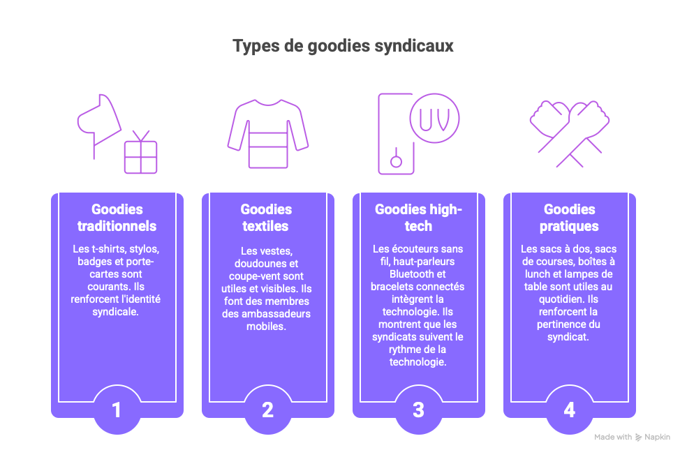 Cette image présente les différents types de goodies utilisés dans un contexte syndical, répartis en quatre catégories. Les goodies traditionnels (t-shirts, stylos, badges) renforcent l’identité syndicale. Les goodies textiles (vestes, doudounes, coupe-vent) sont utiles et visibles, transformant les membres en ambassadeurs mobiles. Les goodies high-tech (écouteurs, enceintes Bluetooth, bracelets connectés) montrent que le syndicat suit l’évolution technologique. Enfin, les goodies pratiques (sacs, lunch box, lampes de bureau) ont une utilité quotidienne et renforcent la pertinence du syndicat auprès des bénéficiaires.