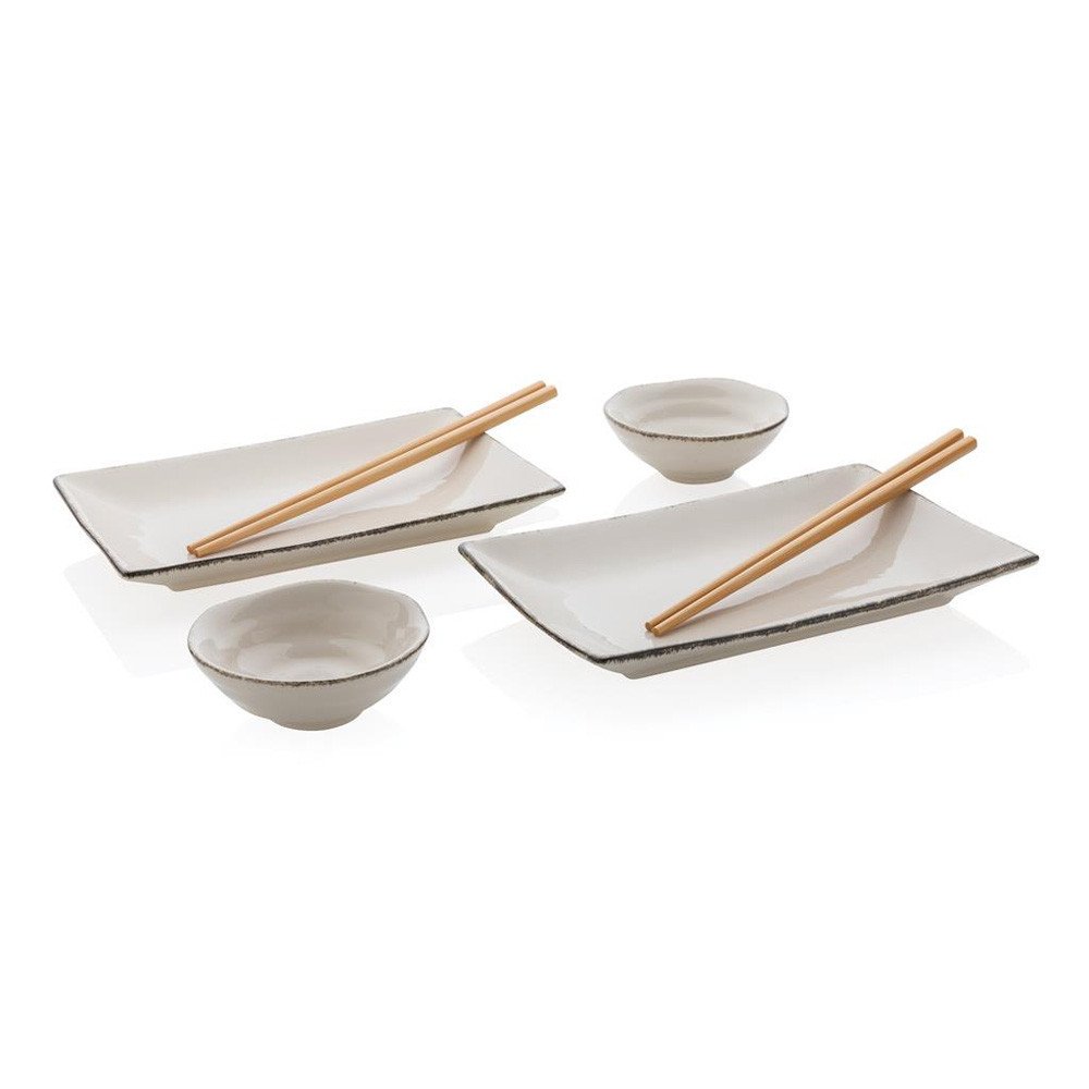 Set à Sushi Complet - 2 Assiettes + 2 Bols à Sauce + 4 Baguettes + 2 Repose-baguettes - Noir - En Mélamine Et Alliage